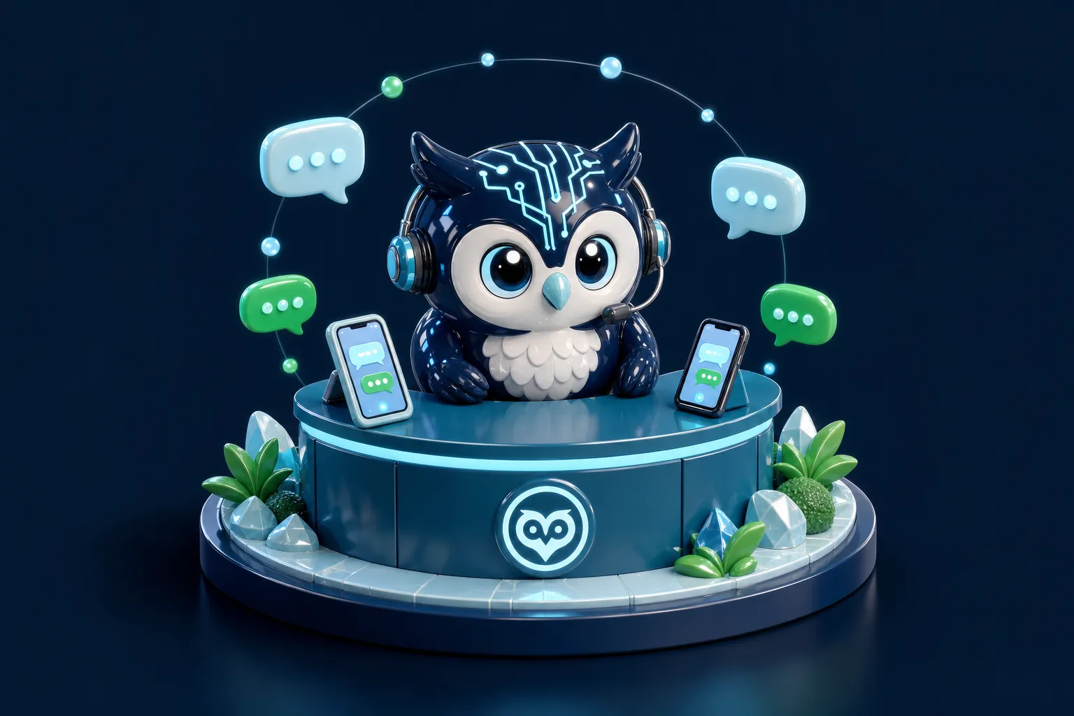 Diorama 3D: a coruja com headset atendendo clientes no WhatsApp