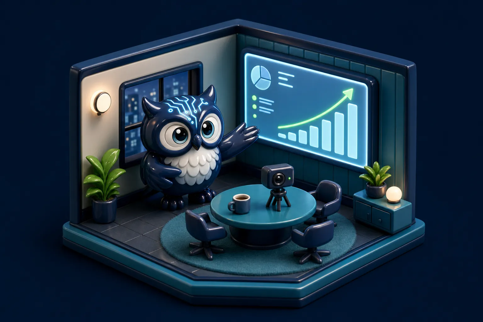 Diorama 3D: a coruja apresentando resultados na sala de reunião