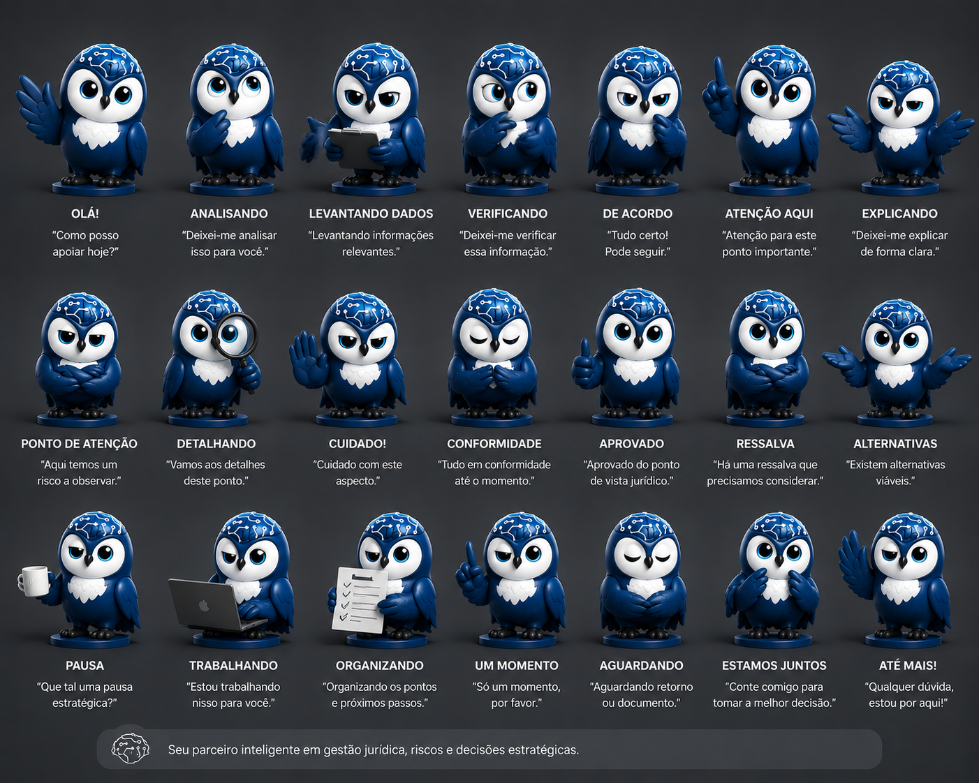 Folha com 21 poses jurídicas da coruja